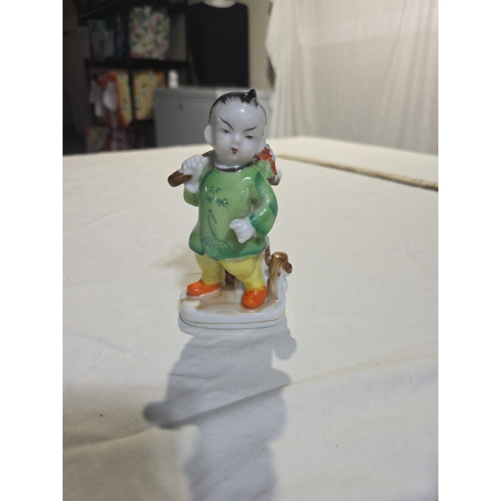 Vintage Porcelain Boy Figurine with Flower Basket Japan Hand Painted 5.5"